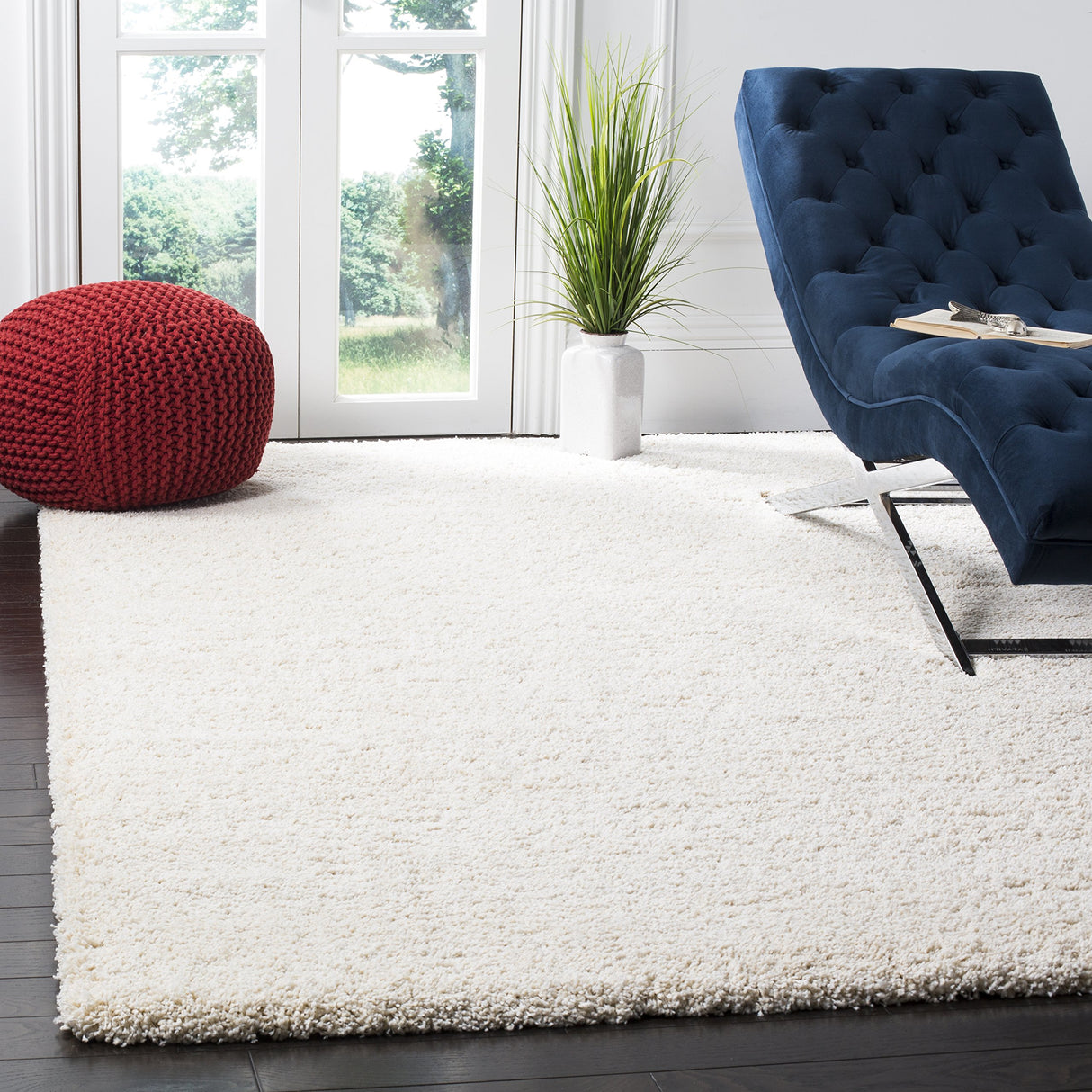 Milan Shag Collection Area Rug - 7' Square, Ivory, Solid Design
