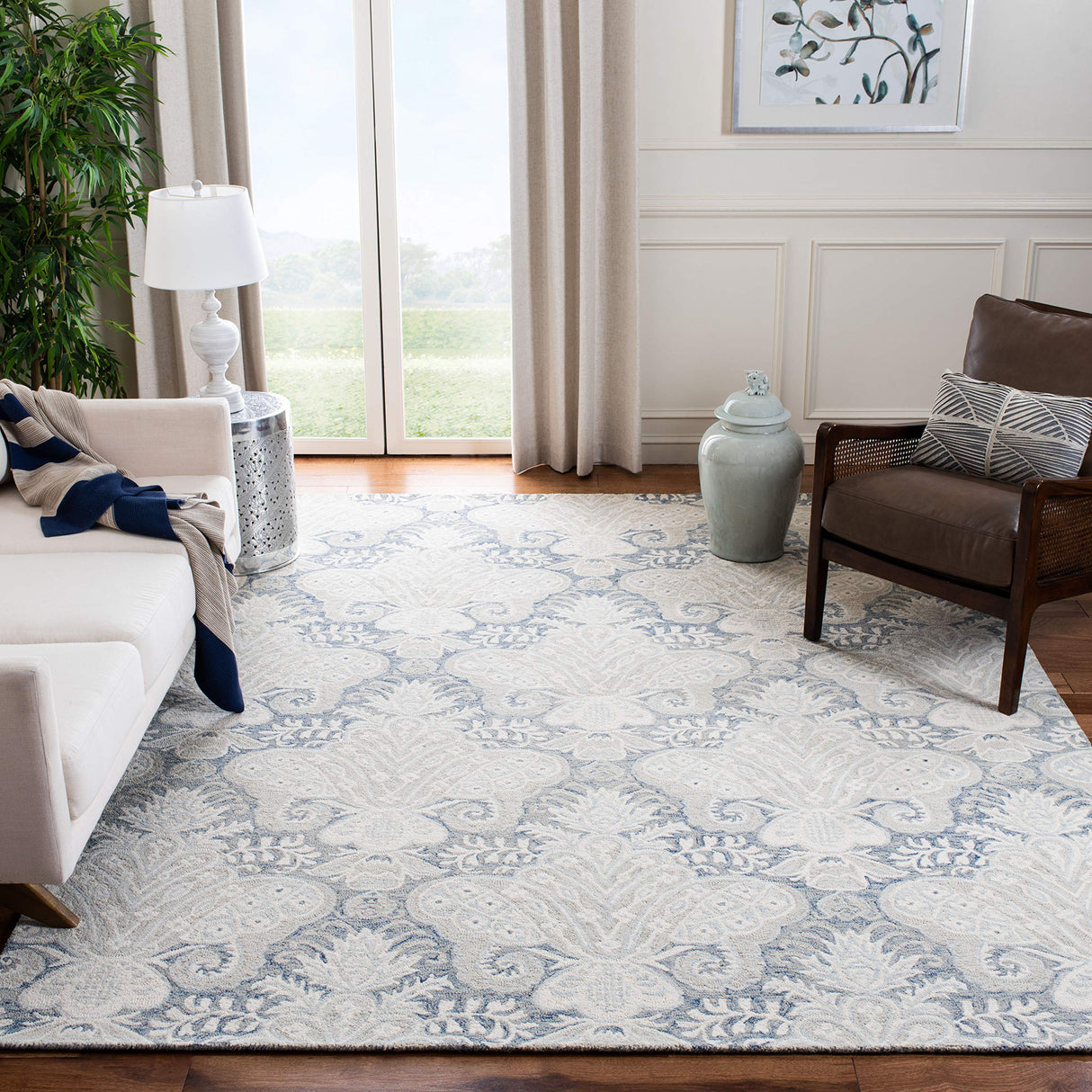 Micro-Loop Collection Area Rug - 5' Square, Blue & Ivory, Handmade Wool