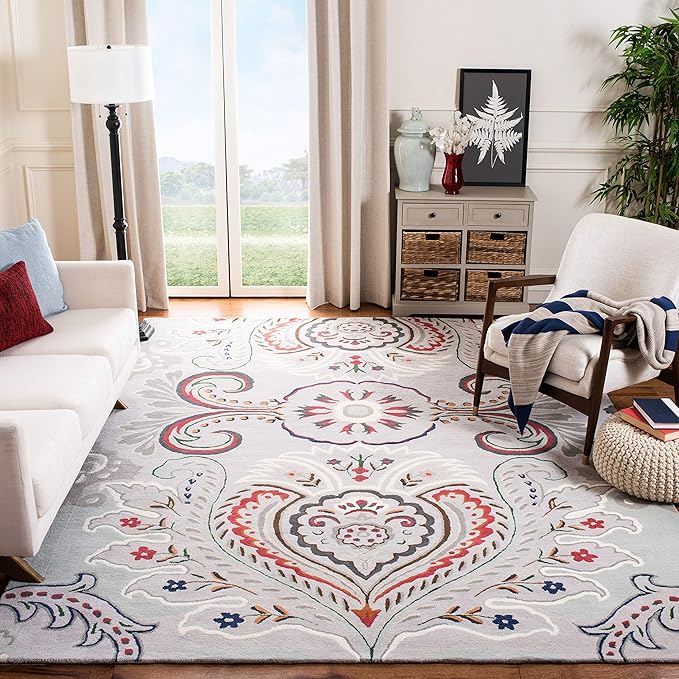 Bella Collection 4' x 6' Ivory/Blue BEL118A Handmade Boho Premium Wool Area Rug
