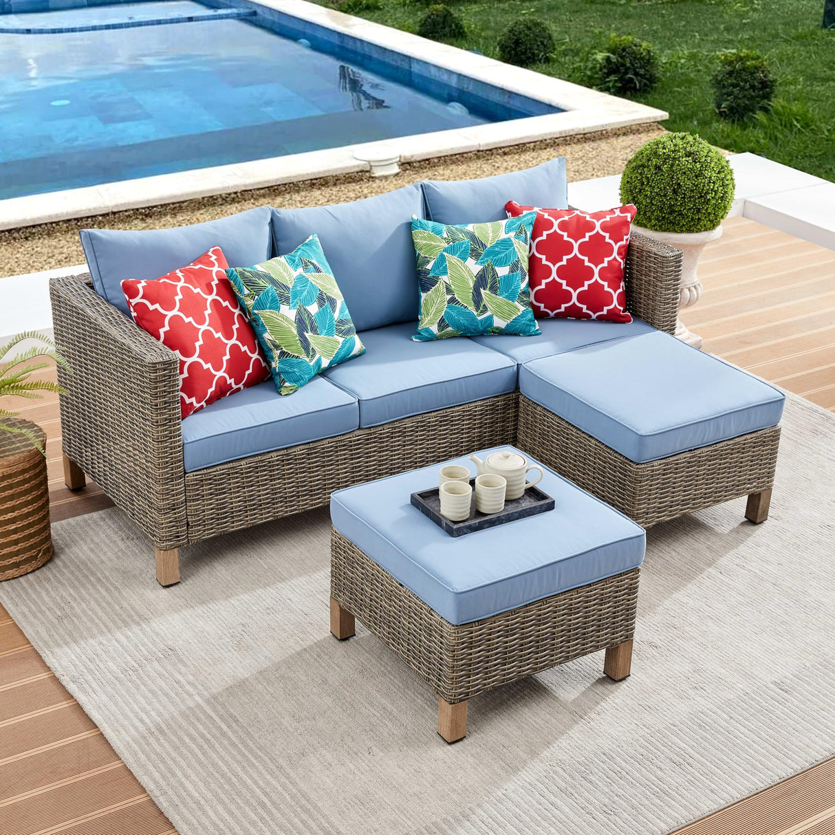 Outdoor 3 Pieces Wicker Conversation Set, PE Rattan Sectional 3 Seats Sofa