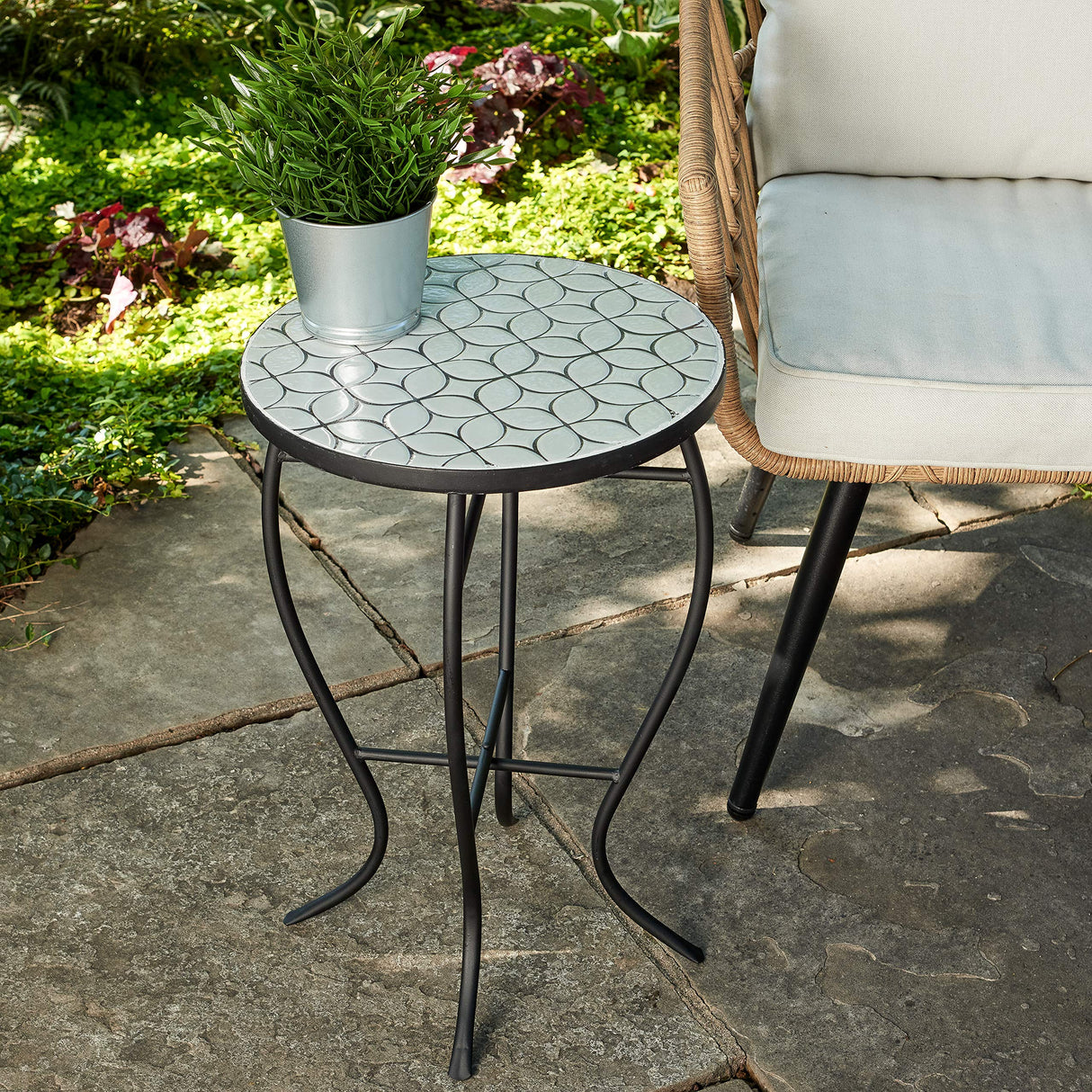 29-KY03WH Accent Side Table - Small, Colorful Mosaic Design, Rust-Resistant Steel Frame
