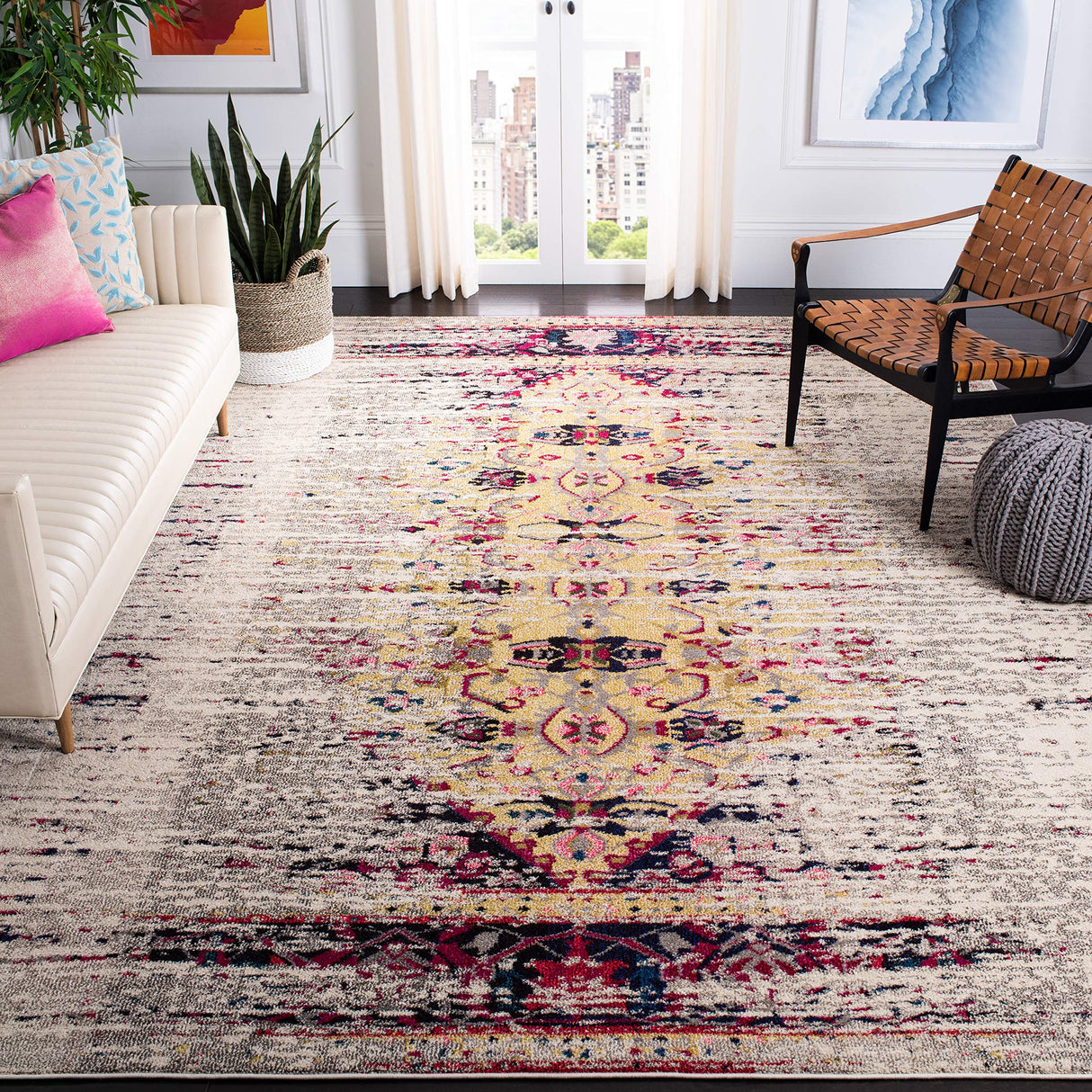 Monaco Ivory & Pink Area Rug 10' x 14' - Modern Boho Abstract Distressed Design