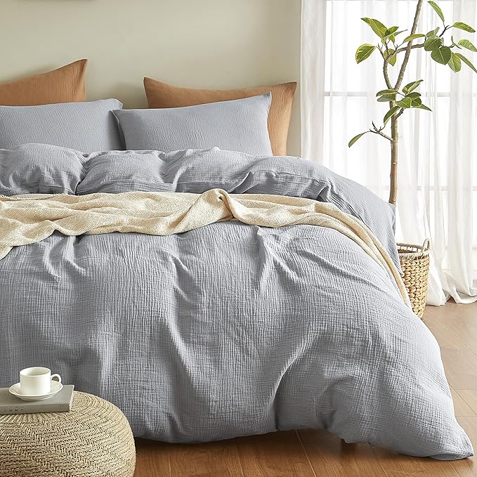 Muslin Duvet Cover Queen Size, 100% Washed Cotton Duvet Cover Set
