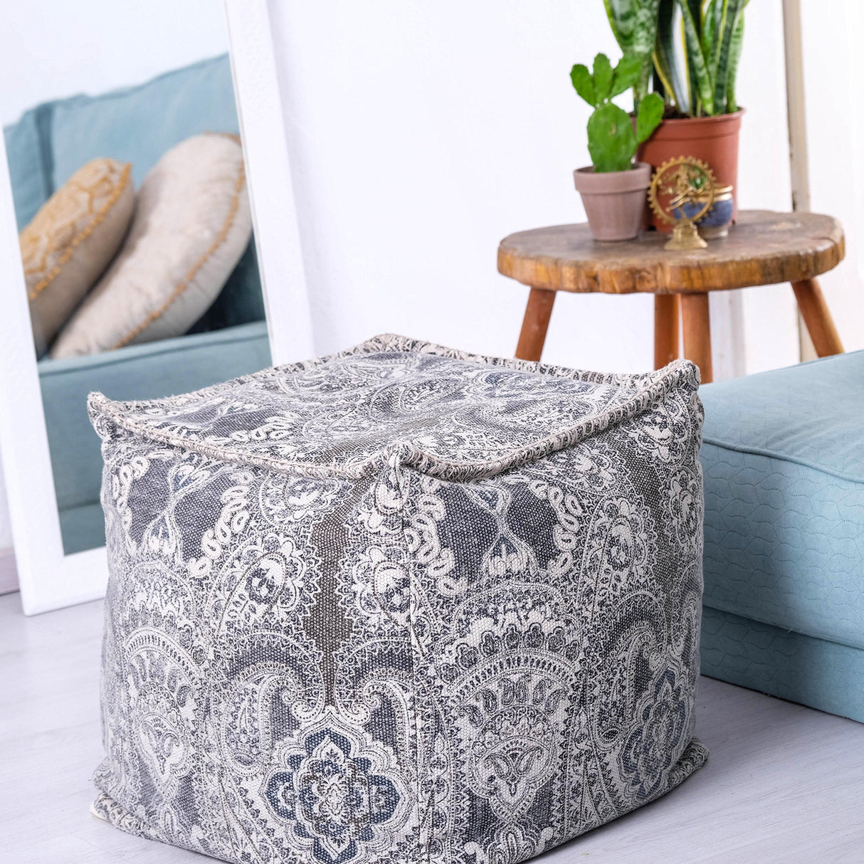ART Parsley Gray Cube Bean Bag Cover- 20x20x20 inches –Luxury Pouf Ottoman, Room