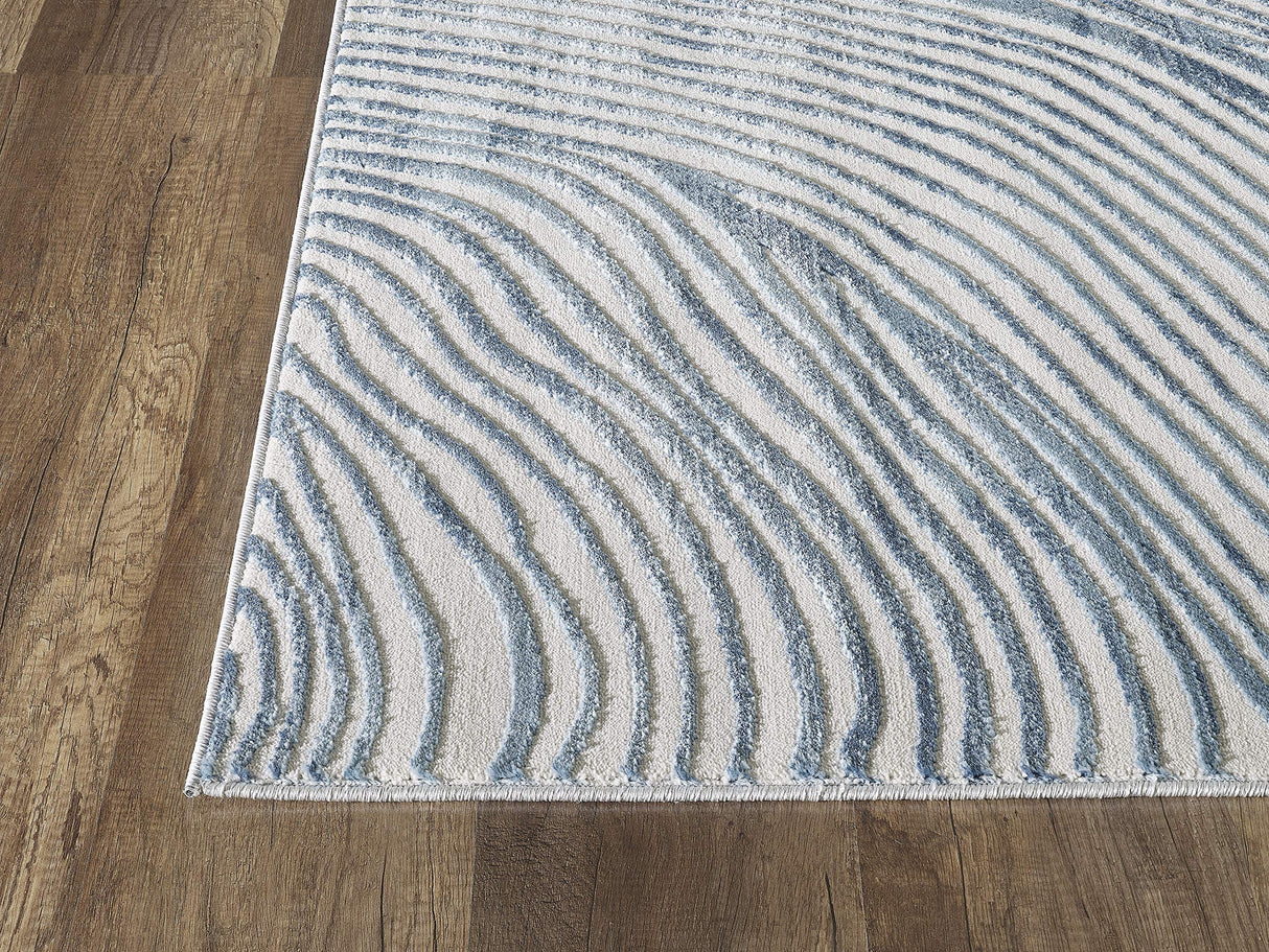Contemporary Wave Print Area Rug 6' x 9' - Blue & White Turkish Rectangle Rug
