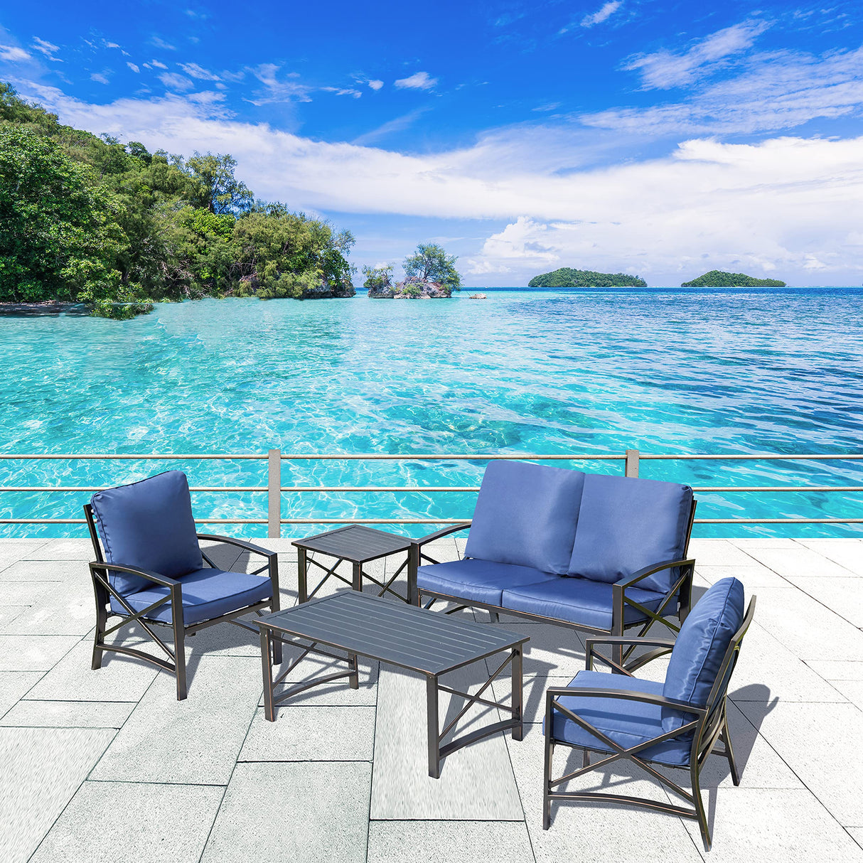 5 Pieces Metal Conversation Patio Sets Outdoor Backyard Porch Loveseat Chairs