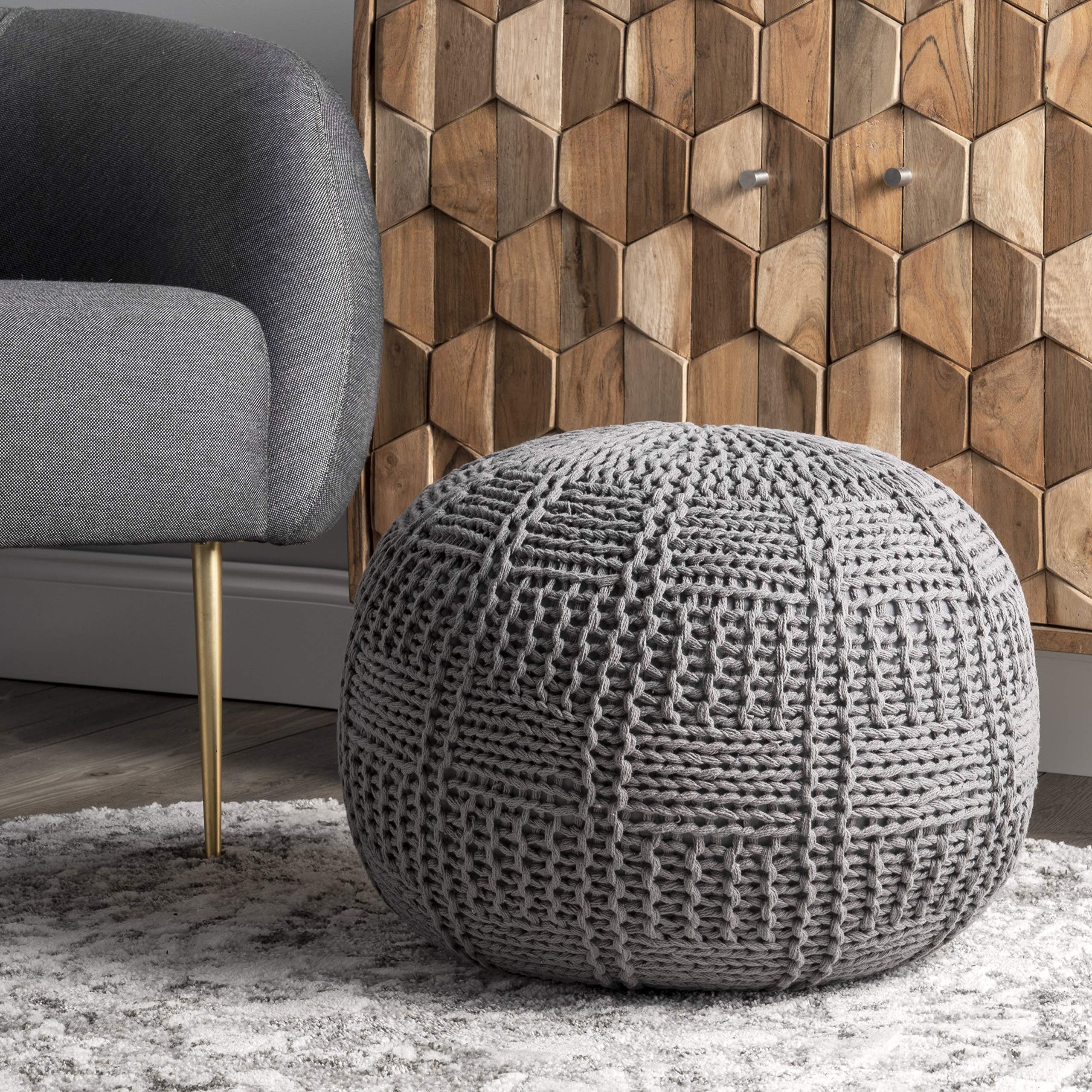 Berlin Casual Knitted Filled Ottoman Pouf 14" x 20" x 20" Grey