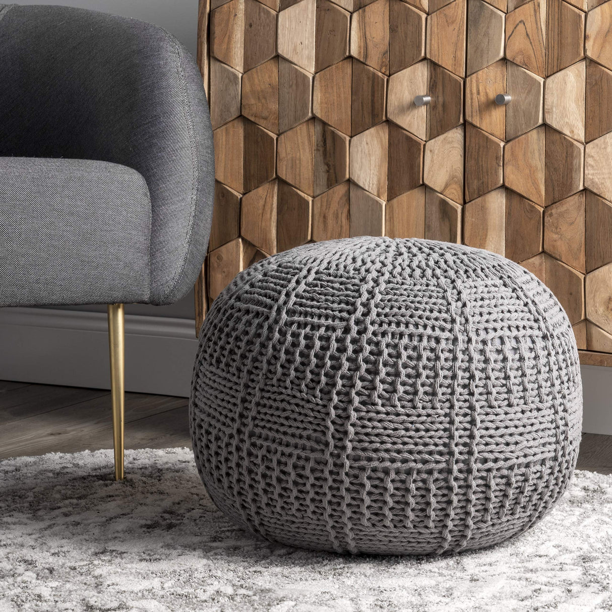 Berlin Casual Knitted Filled Ottoman Pouf 14" x 20" x 20" Grey