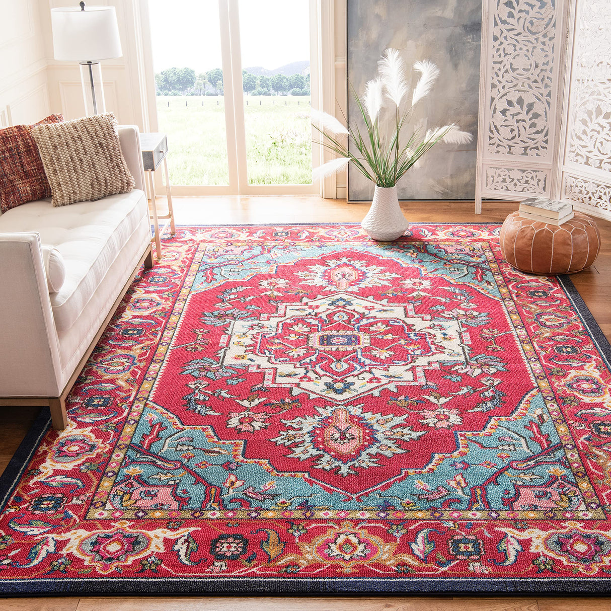 Monaco Collection Area Rug - 8' x 10' Red & Turquoise Boho Oriental Medallion