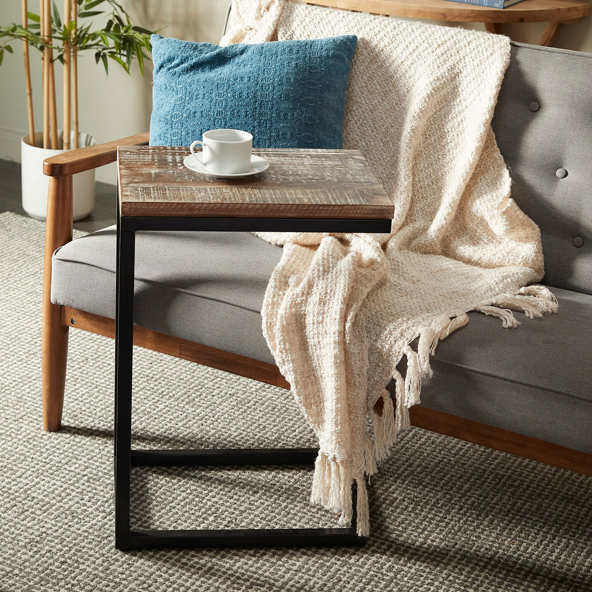 Wood Rectangle Accent Table with Black Metal Base, 13" x 18" x 26", Brown