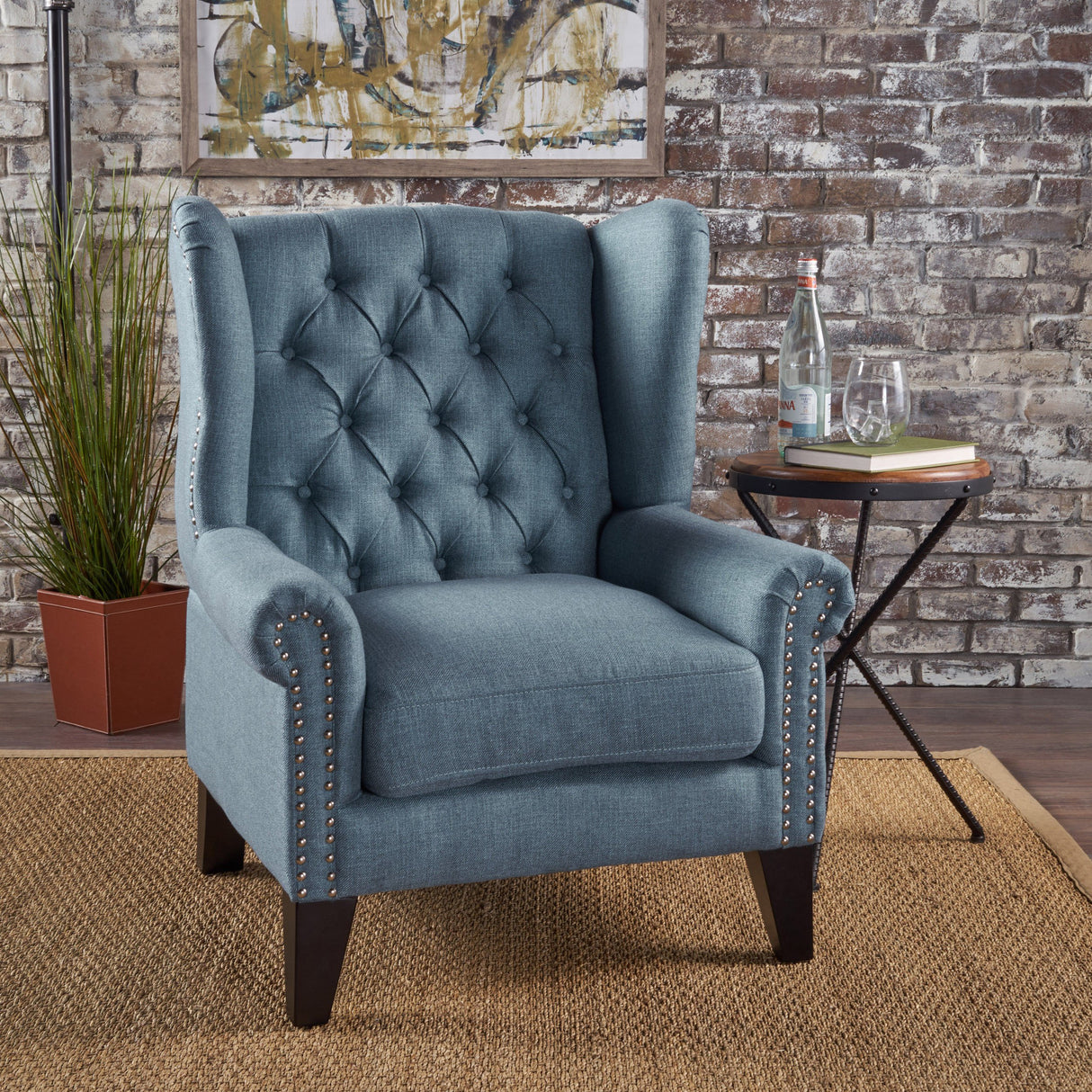 Laird Traditional Winged Fabric Accent Chair, Blue / Dark Brown