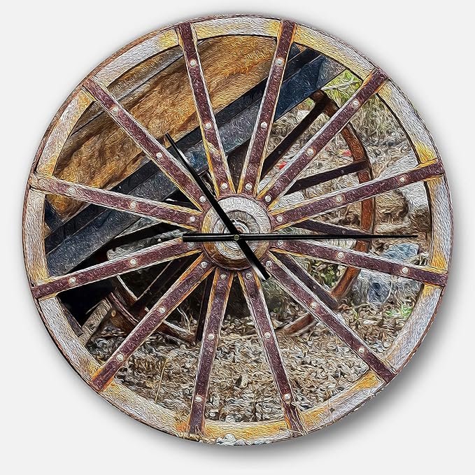 'Antique Cottage Wood Cart Wheel' Oversized Rustic Metal Clock Large