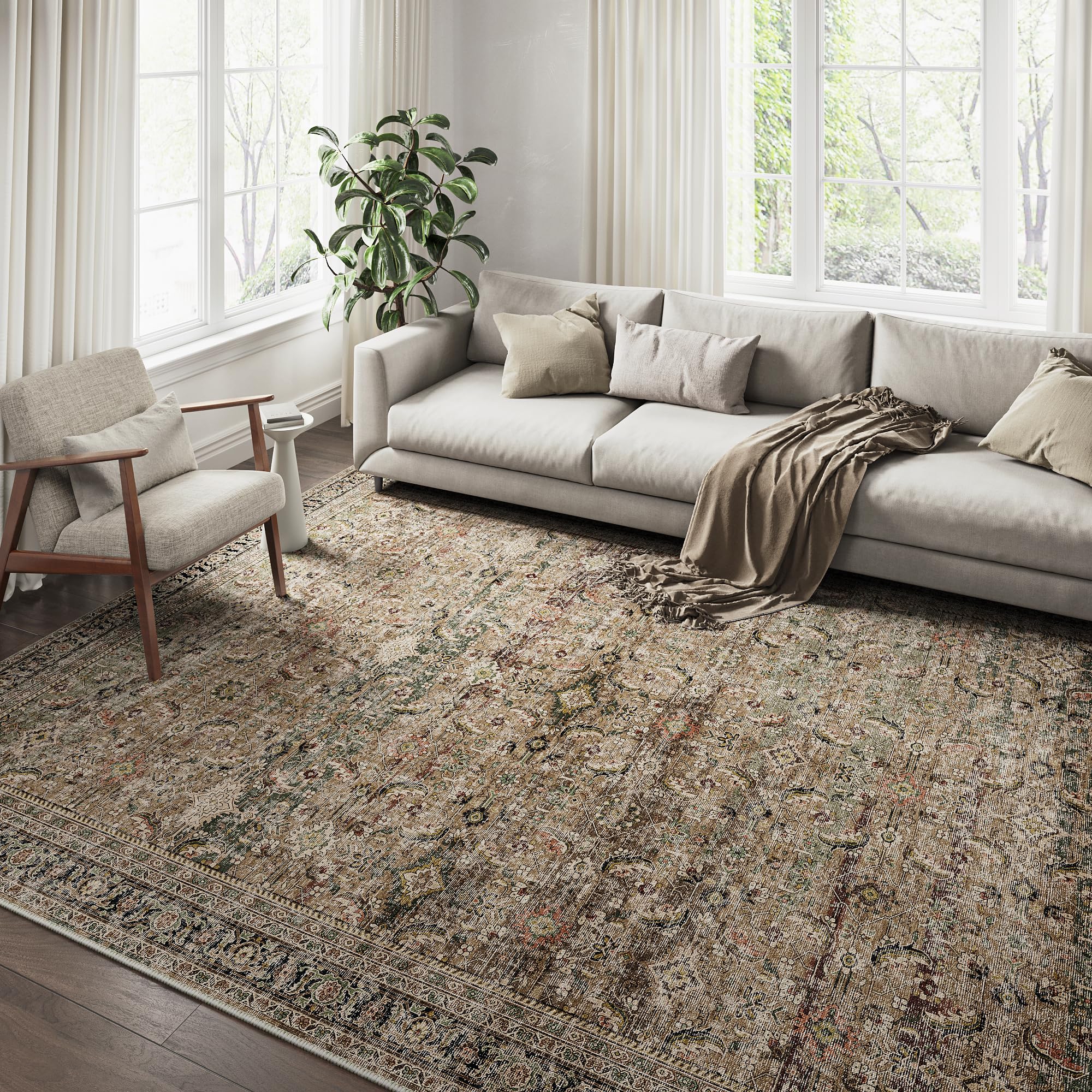 5x7 Washable Area Rug Brown Vintage Distressed Living Room Bedroom Throw Rug