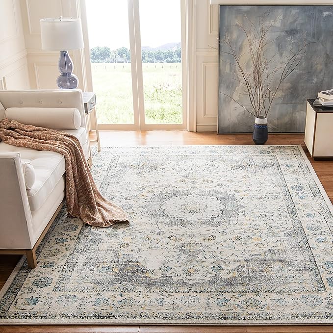 Evoke Collection Area Rug - 9' x 12', Ivory & Grey, Shabby Chic Oriental Medallion Design