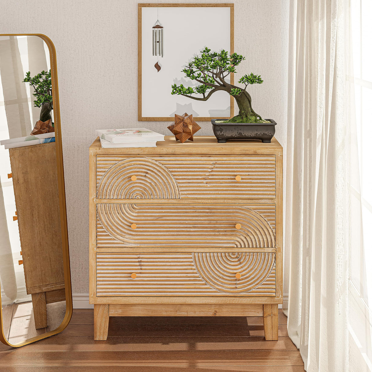 3-Drawer Farmhouse Dresser with Handicraft Wood Ring Motif