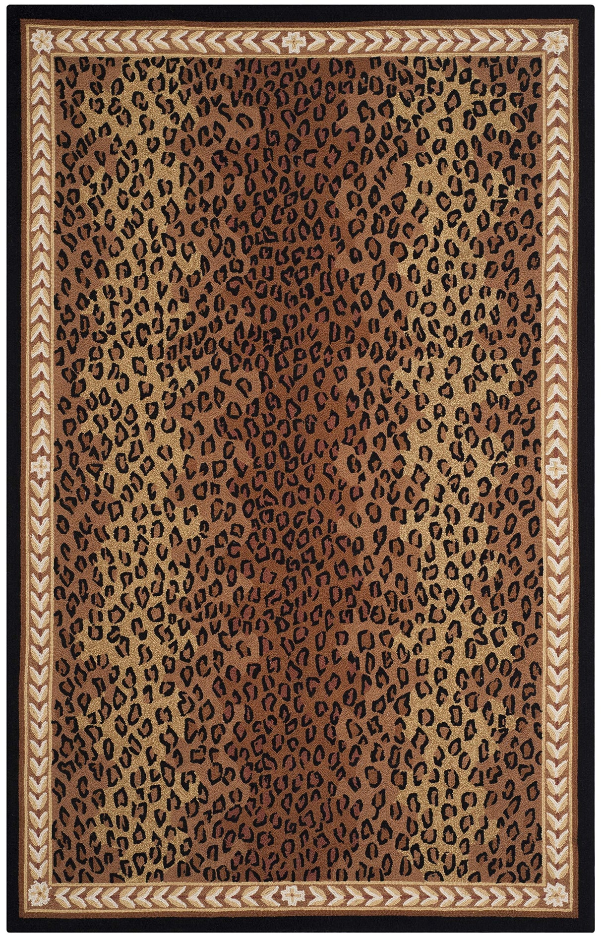 Hand-Hooked Wool Area Rug 6' x 9' - Black & Brown Leopard Print French Country Style