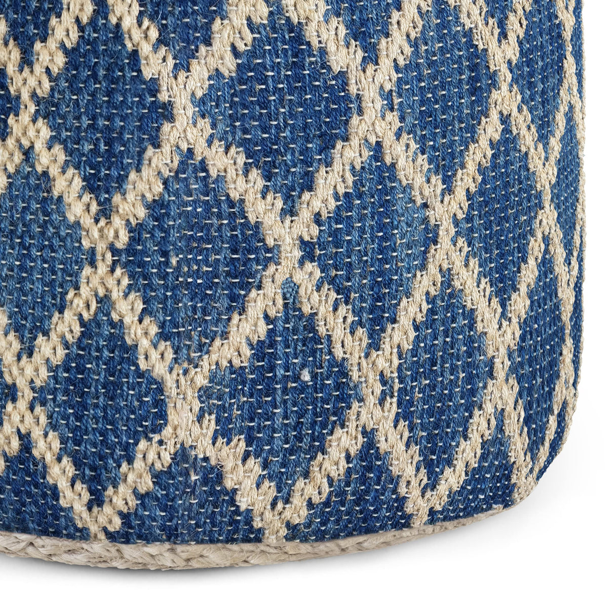 Edgeley Boho Round Pouf in Classic Blue, Natural Woven Braided Jute for the Living Room, Bedroom and Kids Room