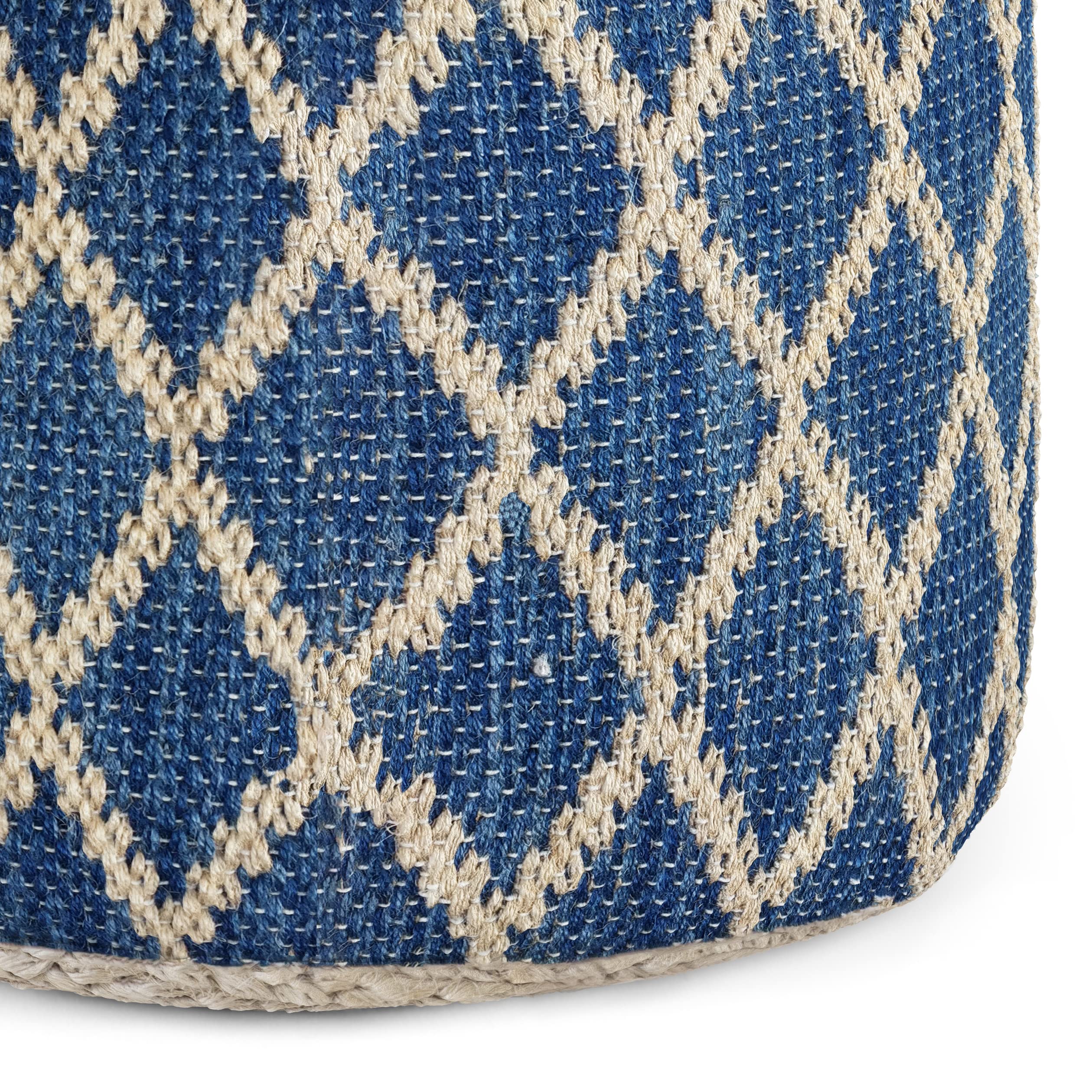 Edgeley Boho Round Pouf in Classic Blue, Natural Woven Braided Jute for the Living Room, Bedroom and Kids Room