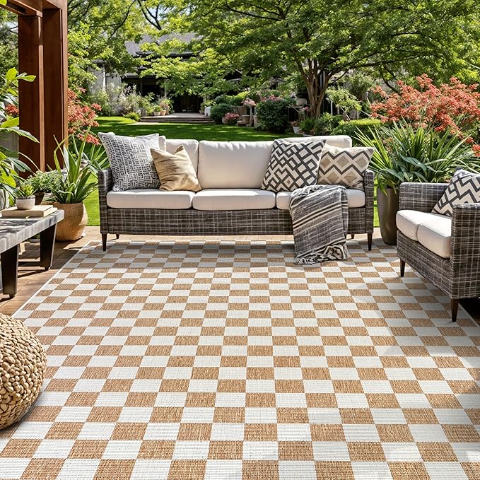 Contemporary Checkered Weather Resistant Reversible Indoor/Outdoor Area Rug 5' x 7' Natural