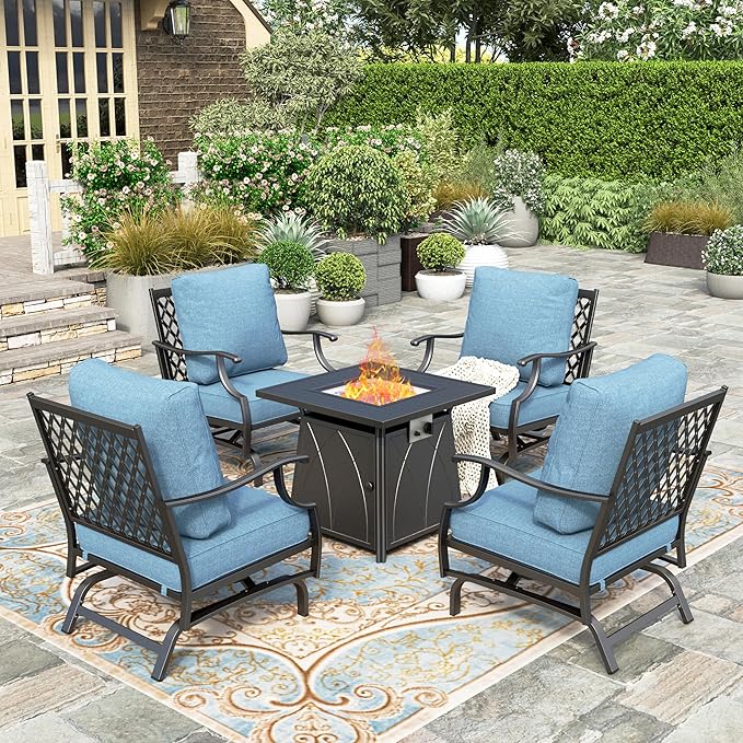 5 Pieces Fire Pit Patio Furniture Set, 4 x Thick Cushioned Swivel Chairs with 28" Fire Pit Table (50,000 BTU)