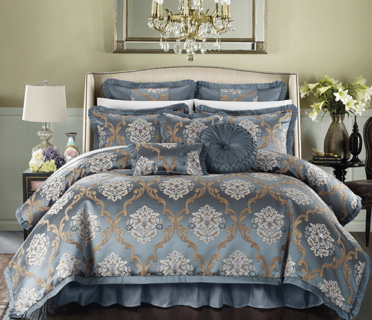 9 Piece Aubrey Decorator Upholstery Comforter Set and Pillows Ensemble, King, Blue