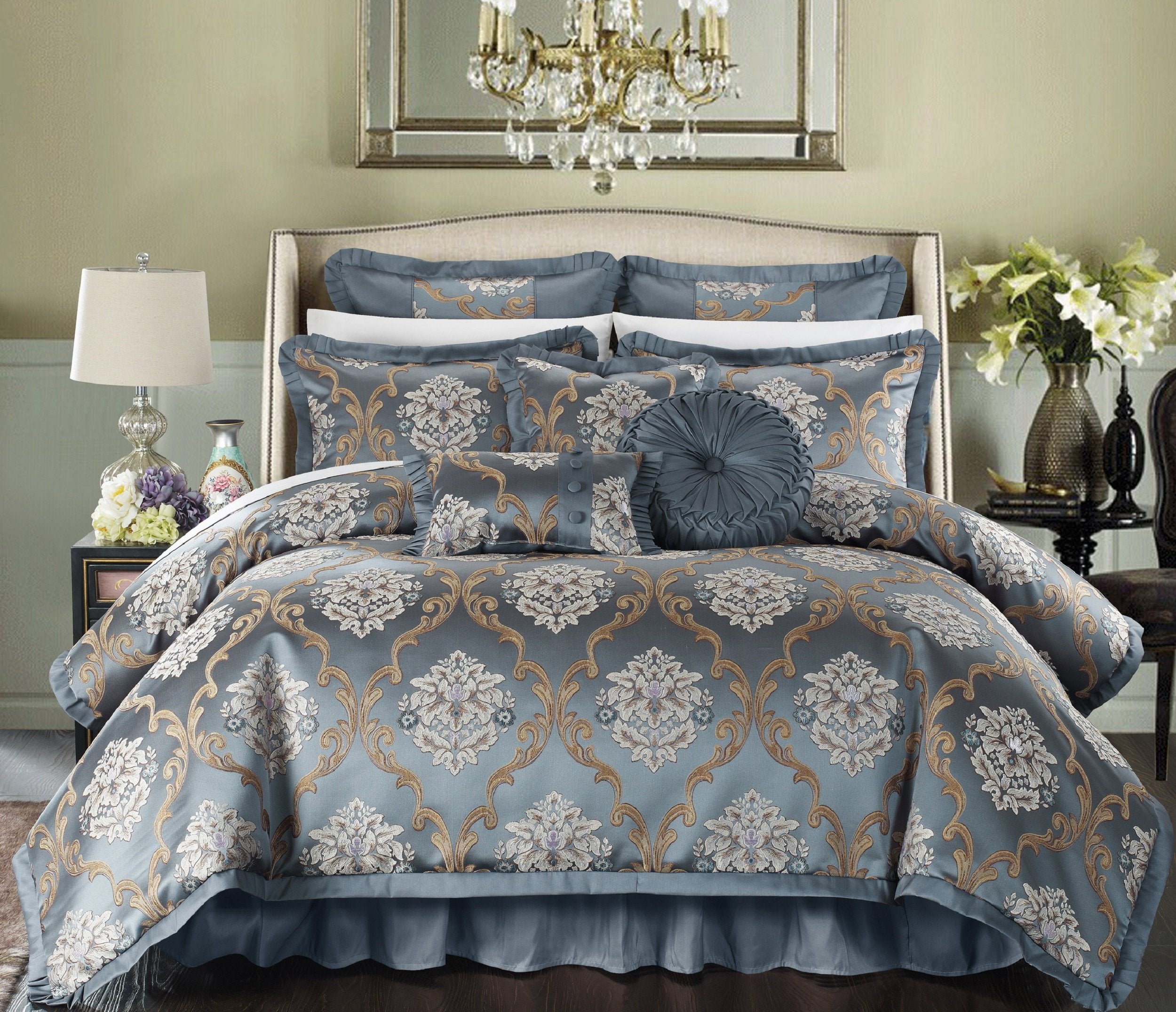 9 Piece Aubrey Decorator Upholstery Comforter Set and Pillows Ensemble, King, Blue