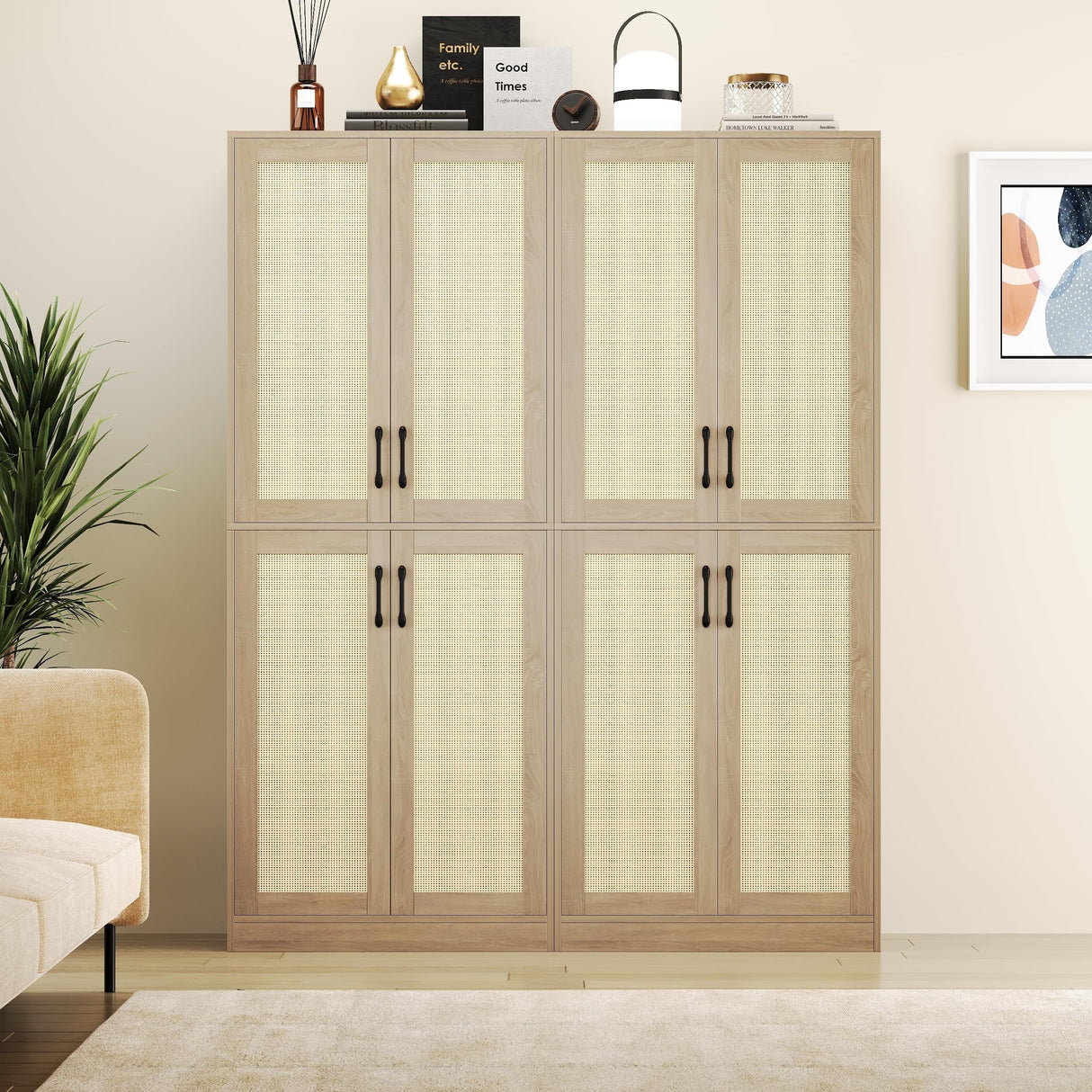 Kitchen Pantry Cabinet, Rattan Cabinet, Tall Storage Cabinet with 4 Doors and Adjustable