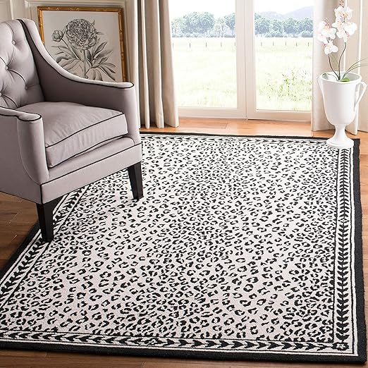 Hand-Hooked Wool Area Rug 6' x 9' - Black & Brown Leopard Print French Country Style