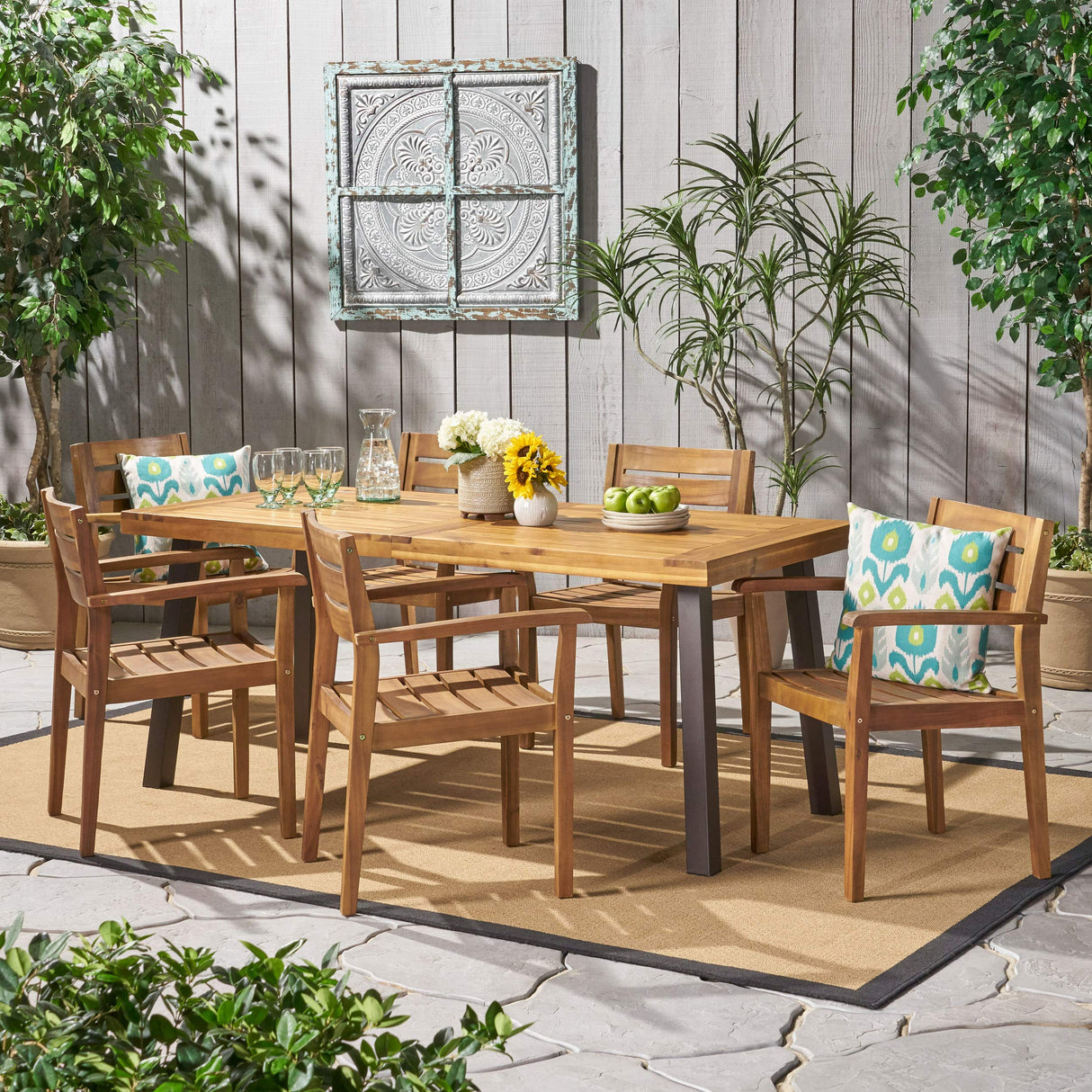 Avon Outdoor Acacia Wood Dining Set, 7-Pcs Set, Teak Finish With Rustic Metal Accents