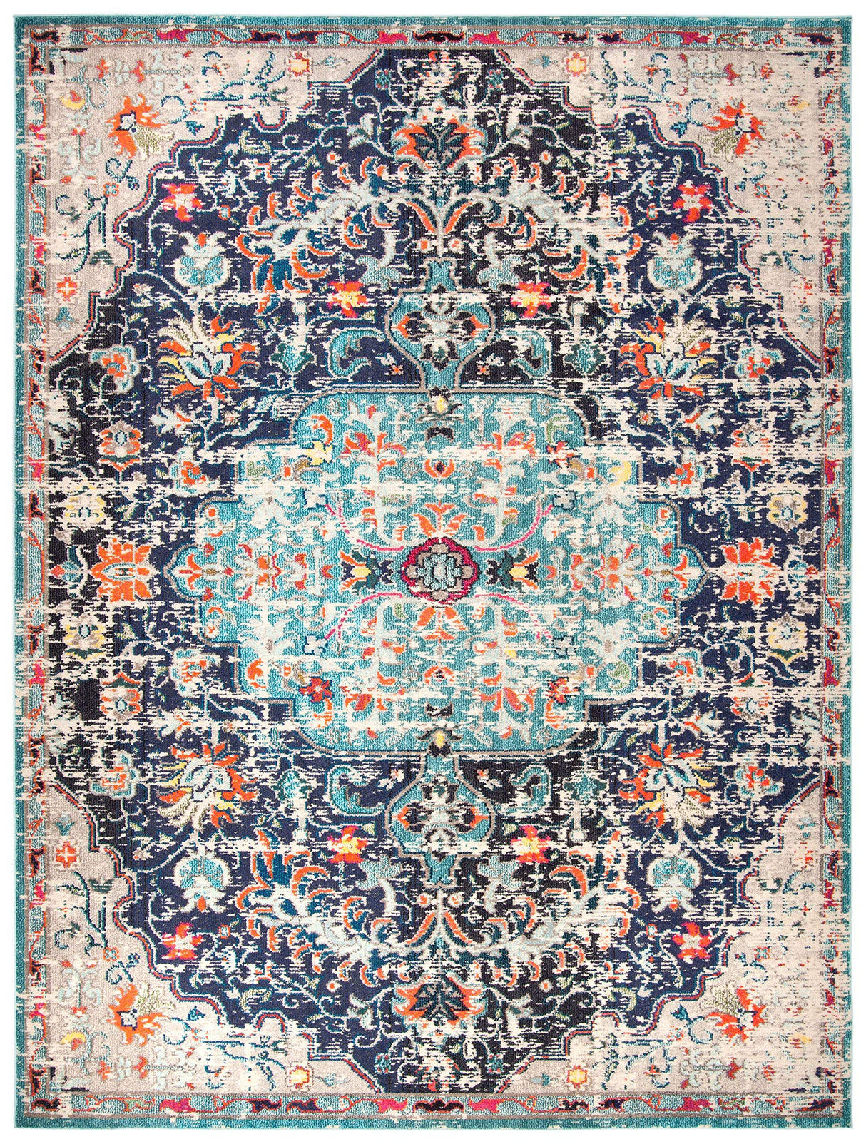 Madison Collection Area Rug - 8' x 10', Black & Teal, Boho Chic Medallion Distressed Design