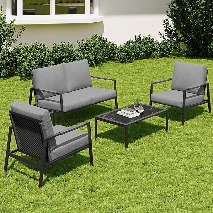 4-Piece Patio Conversation Set, Waterproof Outdoor Furniture Set with Thick Cushion