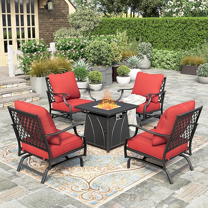 5 Pieces Fire Pit Patio Furniture Set, 4 x Thick Cushioned Swivel Chairs with 28" Fire Pit Table (50,000 BTU)