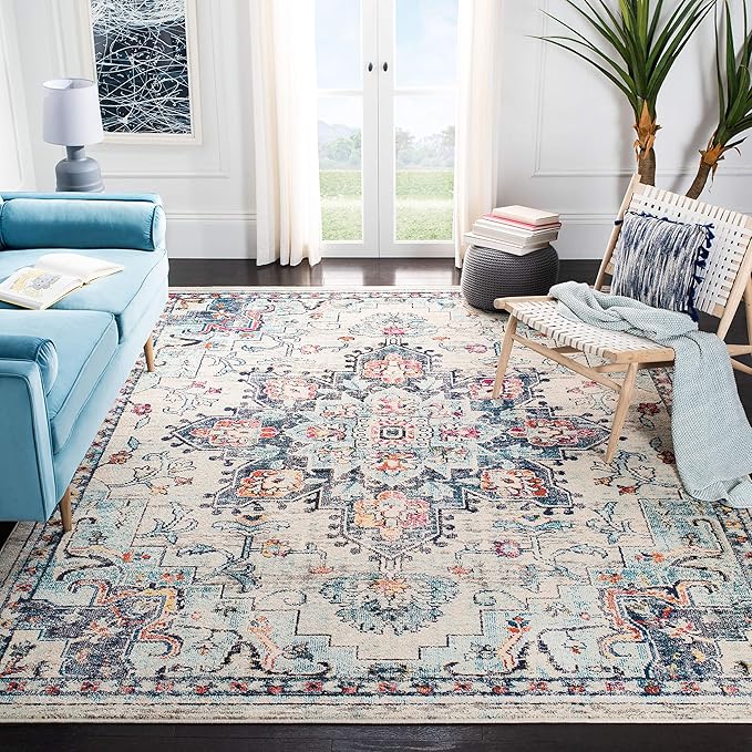 Madison Collection Area Rug - 8' x 10', Orange & Teal, Boho Chic Medallion Distressed