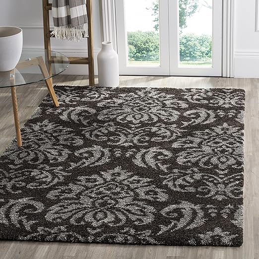 Florida Shag Area Rug 8'6" x 12' - Smoke & Beige Damask