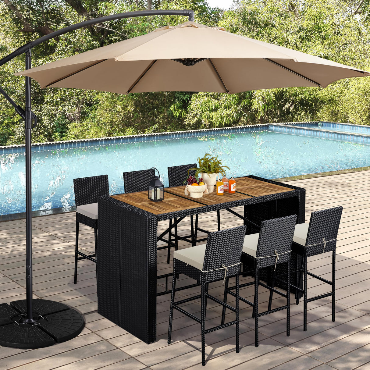 7 Piece Patio Dining Set Outdoor Acacia Wood Bar Table and Chairs