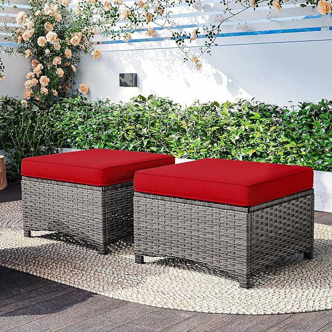 2 Pieces Patio Ottomans, Outdoor Wicker Footrest Seat with Removable Cushions