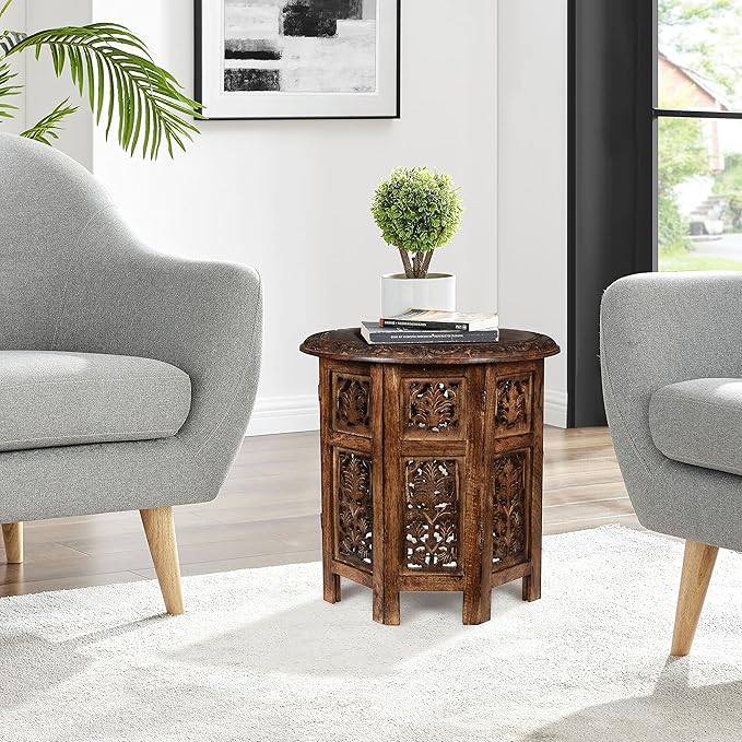 Carved Round End Table with Single Pillar, Unique Accent Piece for Living Room