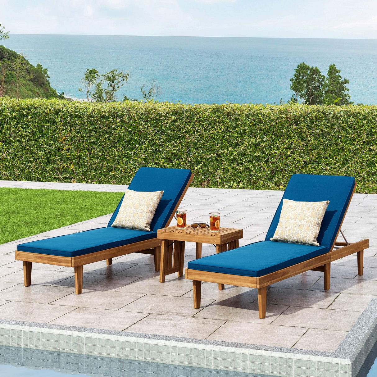 Garfield Outdoor Acacia Wood 3 Piece Chaise Lounge Set, Teak Finish, Blue