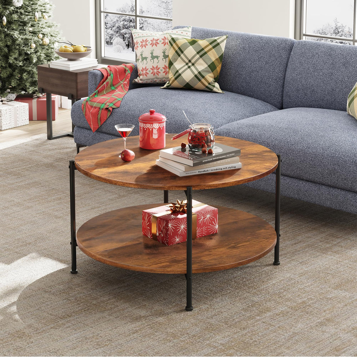 Round Coffee Table, 32.6" Small Coffee Table with Open Storage Shelf