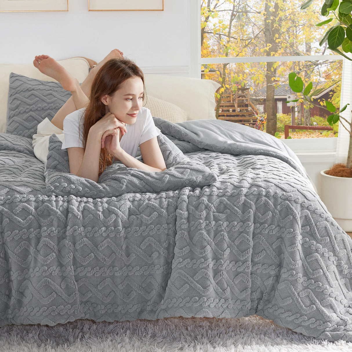 Fluffy Queen Comforter Set, Grey Sherpa Fleece Bedding Comforter Set, Luxury Jacquard Farmhouse