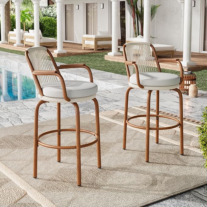 Outdoor Patio Bar Stools Set of 2, 29" H Modern Woven Rattan Rope Bar Height Chair