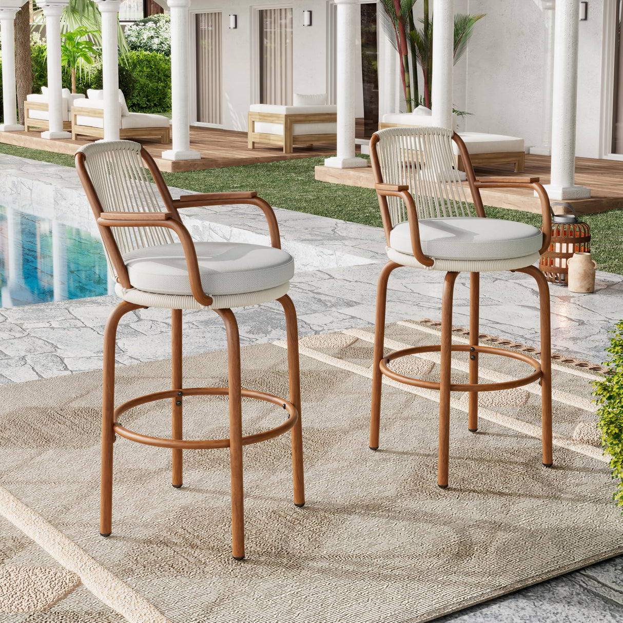 Outdoor Patio Bar Stools Set of 2, 29" H Modern Woven Rattan Rope Bar Height Chair