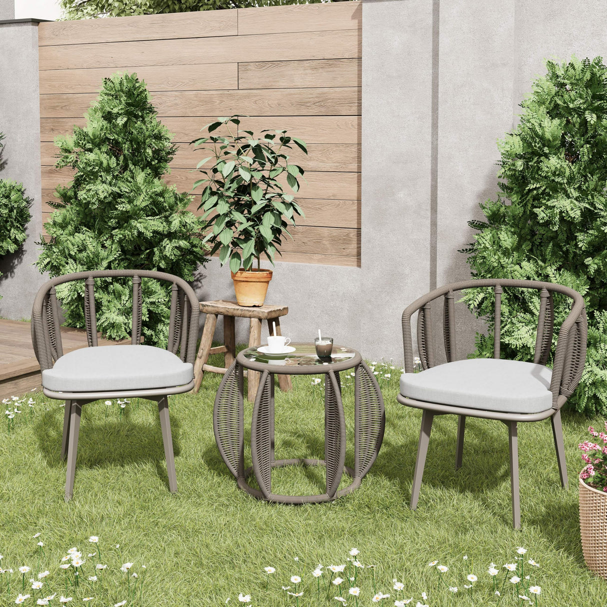 2 pcs Aluminum Woven Dining Chairs: Handwoven Rope Patio Dining Chair