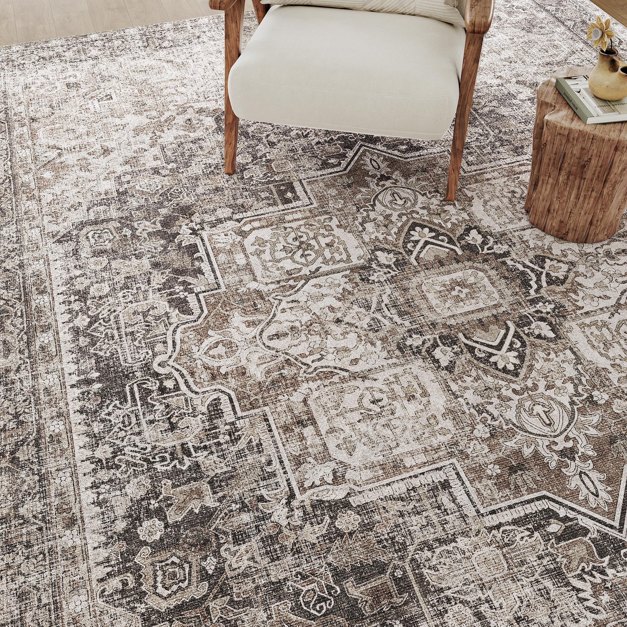 Vintage Area Rug 4x6 Washable Rug Non Slip Kitchen Brown Multi Indoor Living Room