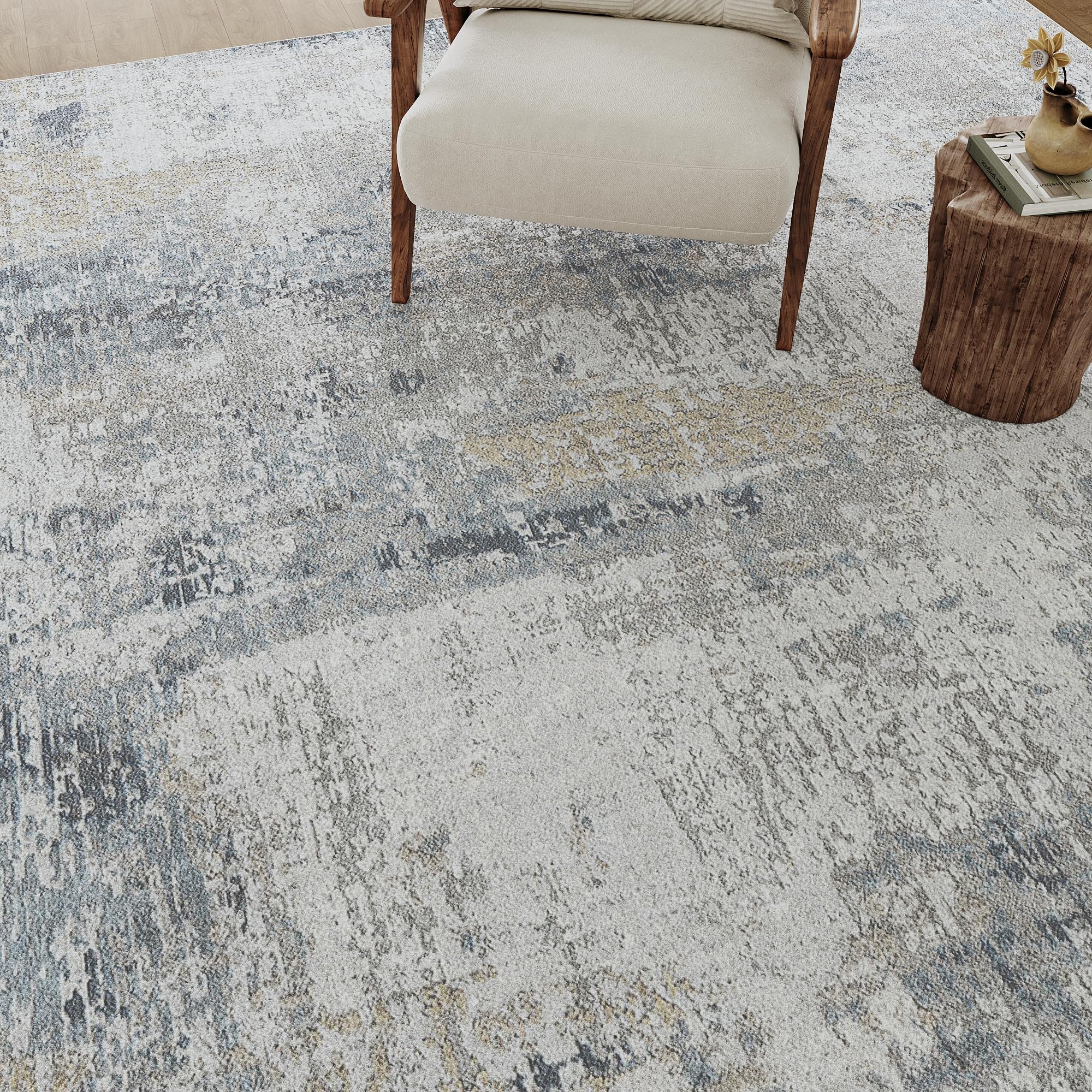 6x9 Washable Area Rug Blue Cream Abstract Modern Living Room Bedroom Large Throw