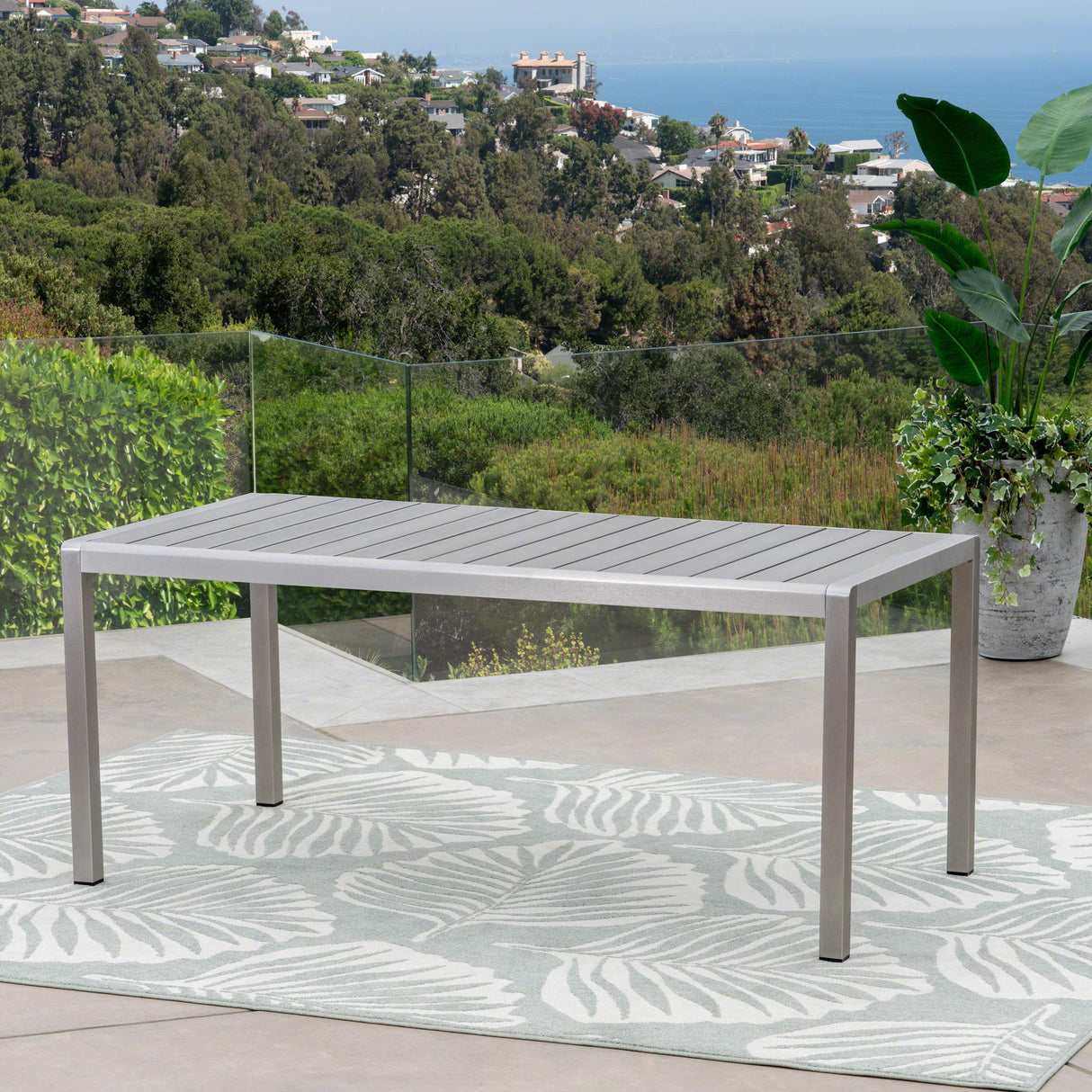 Coral Outdoor Aluminum Dining Table with Faux Wood Top - Gray Finish