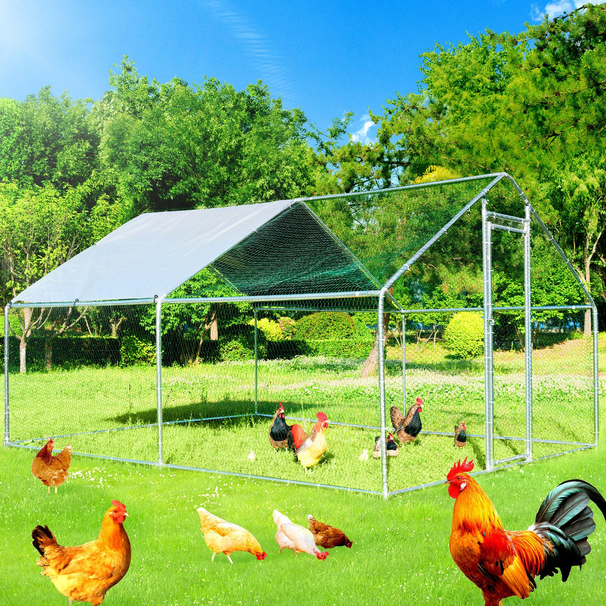SpireTop XL Walk-In Metal Chicken Coop with PE Tarp Roof