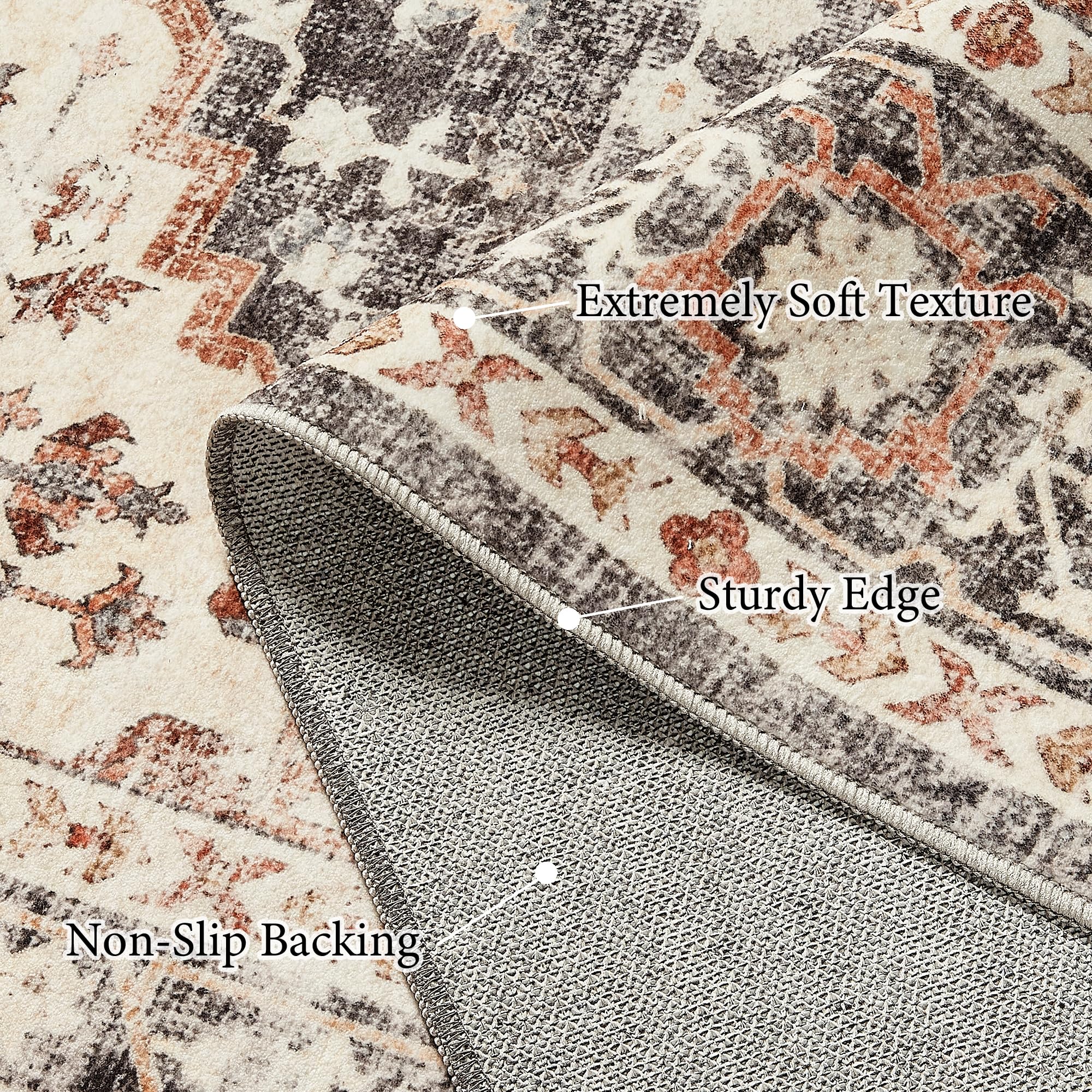 Art&Tuft Washable Rug 8x10, Area Rugs for Living Room, Anti Slip Low Pile Rug Floor Carpet, Vintage Tribal Stain Resistant 8x10 Rugs for Bedroom, Dining Room, Kitchen, Brick