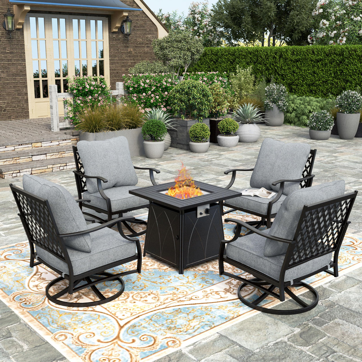 5 Pieces Fire Pit Patio Furniture Set, 4 x Thick Cushioned Swivel Chairs with 28" Fire Pit Table (50,000 BTU)
