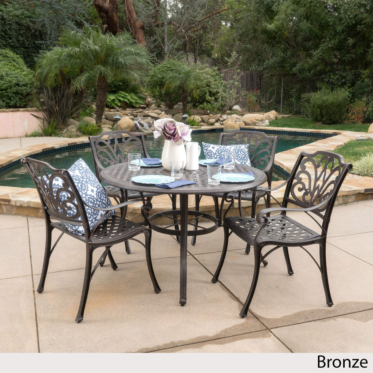Alfresco Outdoor Cast Aluminum Circular Dining Set, 5-Pcs Set, Bronze
